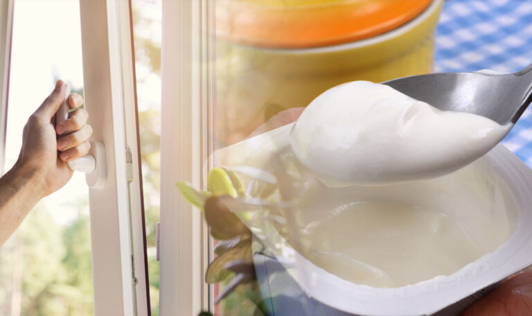 Gute Abkühlung: Mann streicht Fenster mit Joghurt