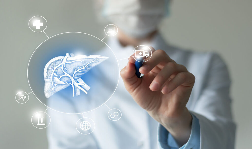 Telemedicine and human Liver recovery concept. Neutral color palette, copy space for text.