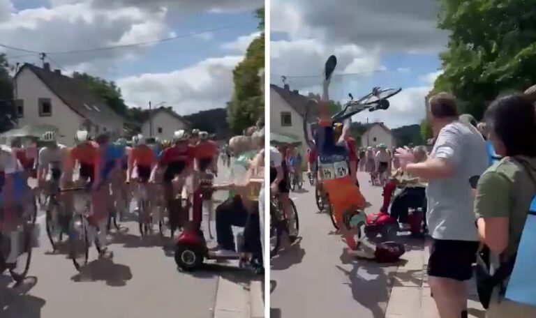Massencrash: Seniorin fährt mit Elektromobil auf Radrennstrecke (VIDEO)