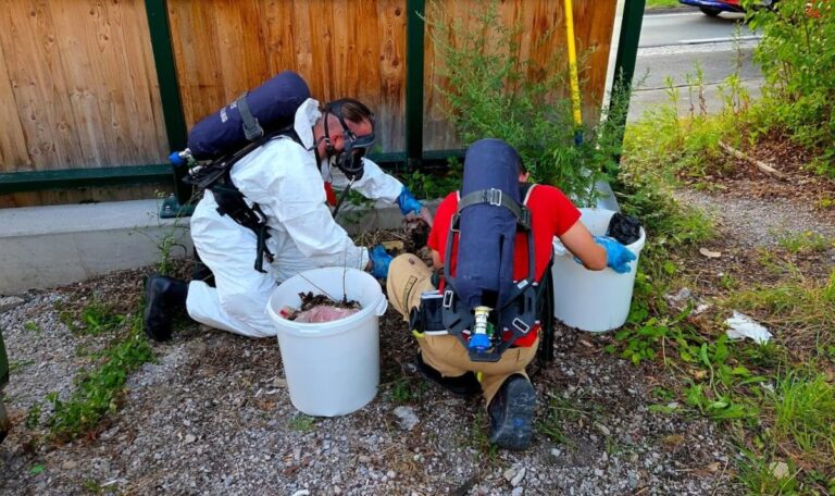 Innereien neben der Bushaltestelle: Feuerwehr rückt mit Atemschutz aus