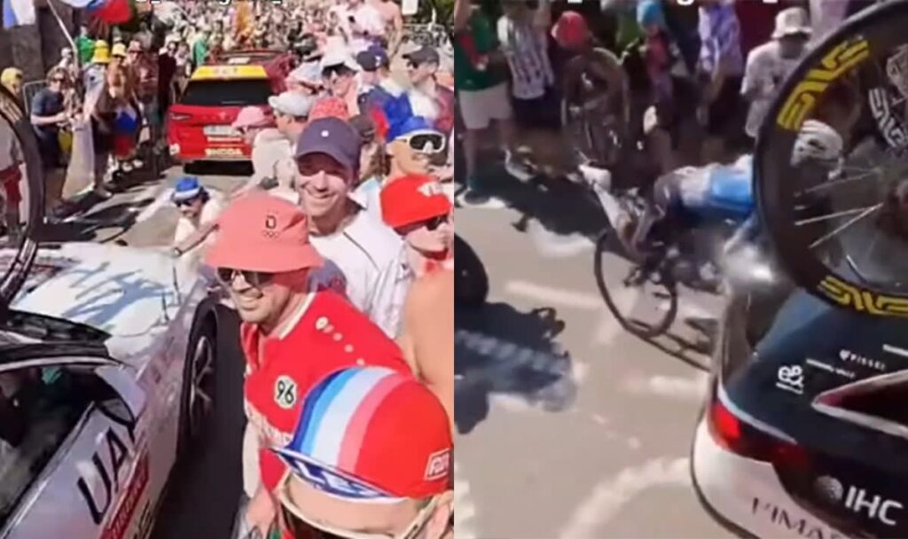 Zuschauer stürzt auf Straße – Radprofi kracht ungebremst ins Team-Auto (VIDEOS)